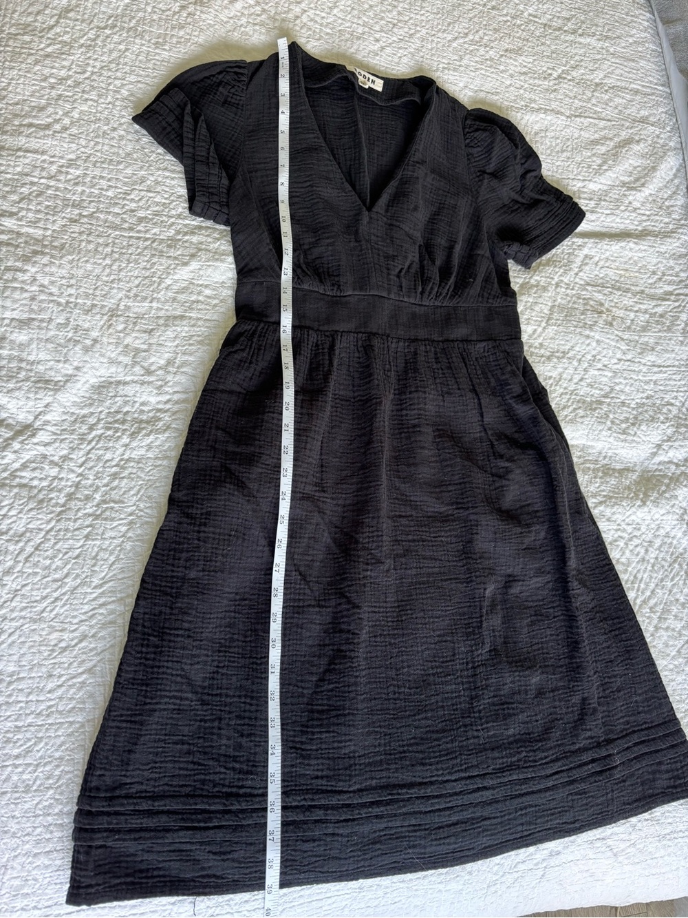 Boden 100% Cotton Black V-Neck Textured Empire Waist Dress | US 8L - Picture 8 of 12